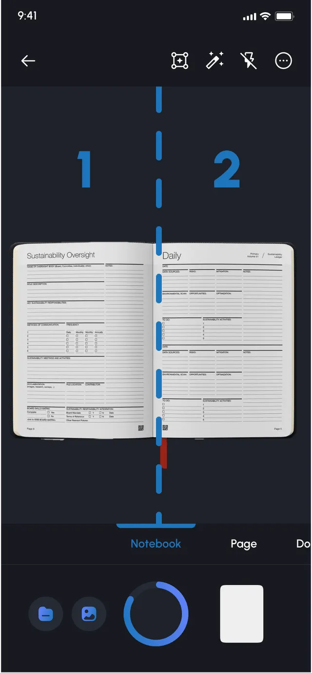Notebook mode splitting an open ledger into page 1 and page 2