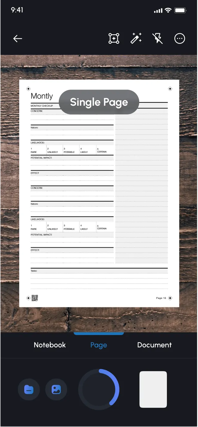 Single page mode capturing a monthly ledger page on a desk