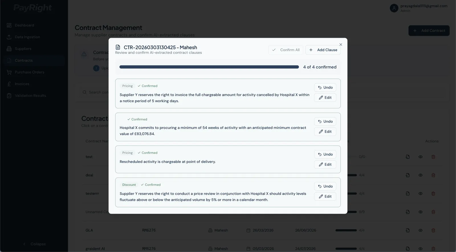 Clause review dialog for a contract: four AI-extracted clauses tagged Pricing and Discount, each confirmed, with Undo and Edit buttons and a progress bar showing 4 of 4 confirmed