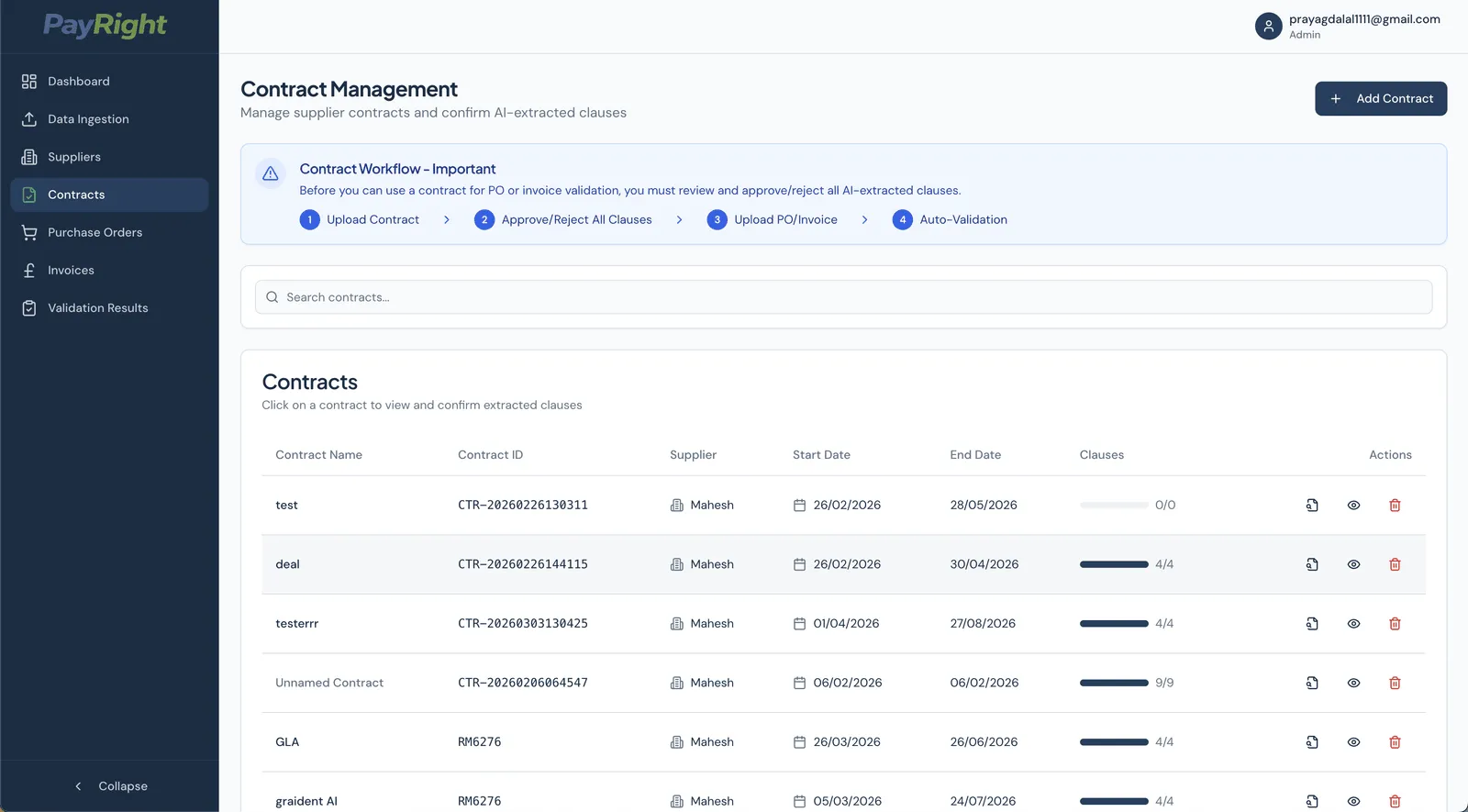 Contract management page with the four-step contract workflow banner and a table of contracts showing clause confirmation progress