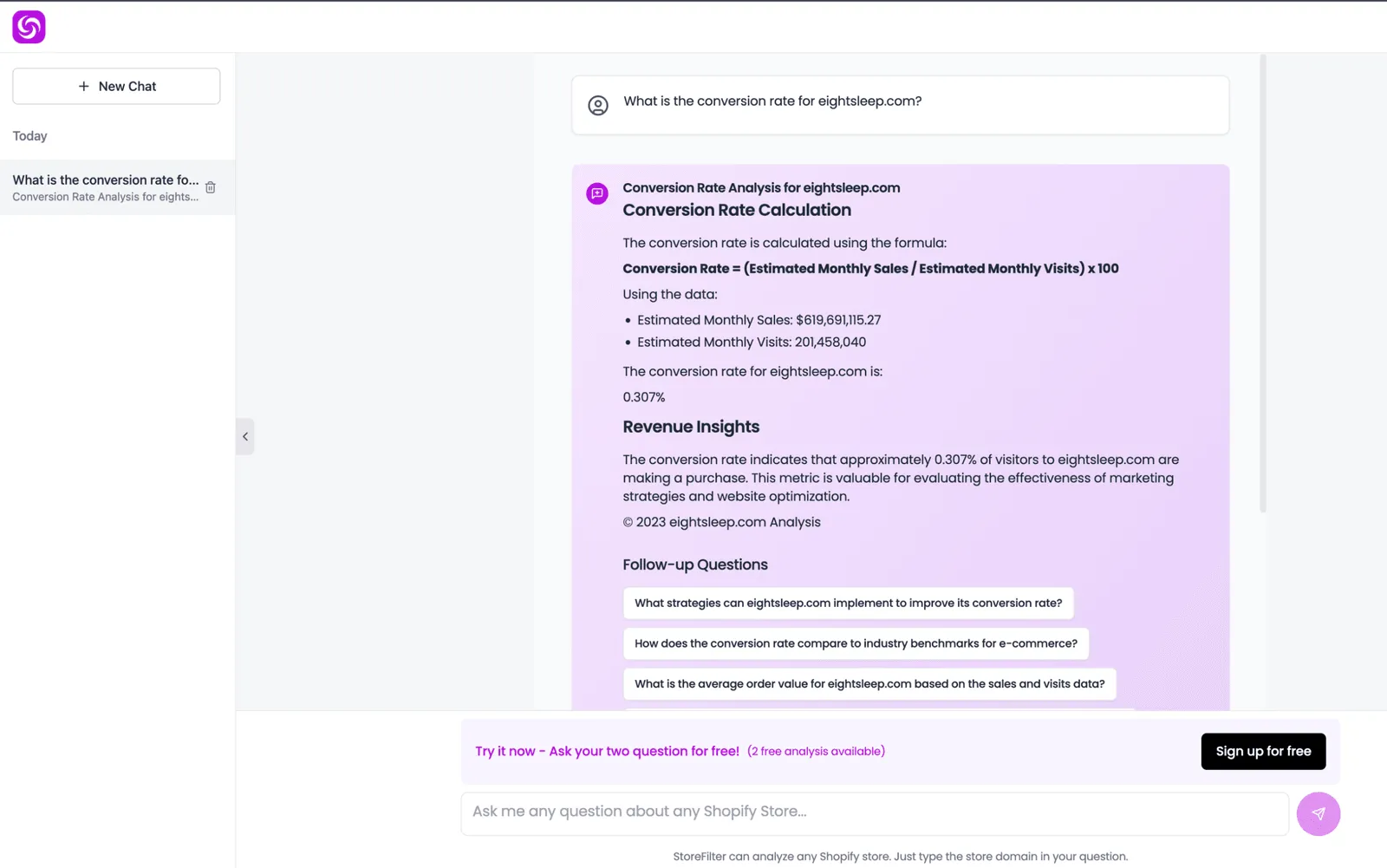 StoreFilter answering 'What is the conversion rate for eightsleep.com?' with the formula, estimated monthly sales and visits, the result, revenue insights and follow-up questions