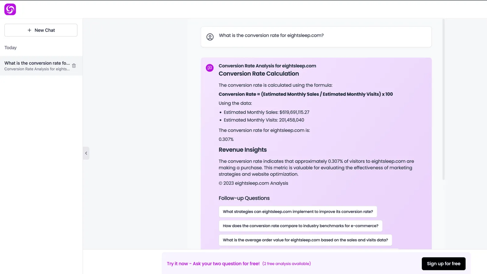 StoreFilter chat answering a question about a Shopify store's conversion rate, with the calculation, insights and follow-up questions