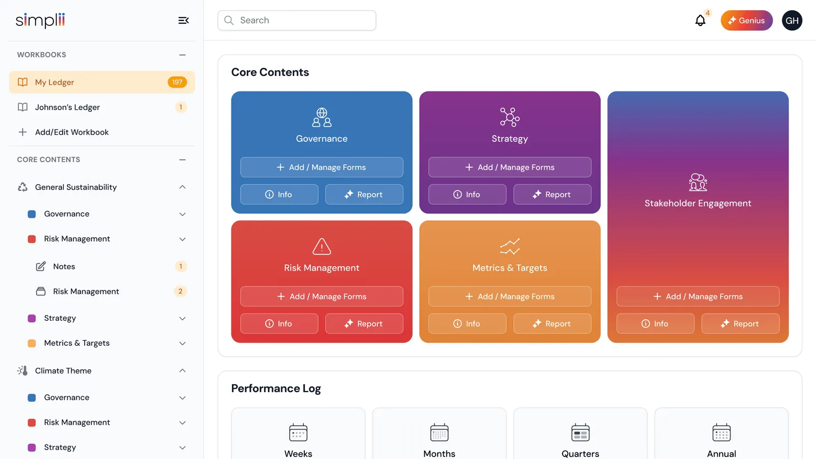 Simplii tenant workspace with colour-coded cards for Governance, Strategy, Risk Management, Metrics and Targets, and Stakeholder Engagement
