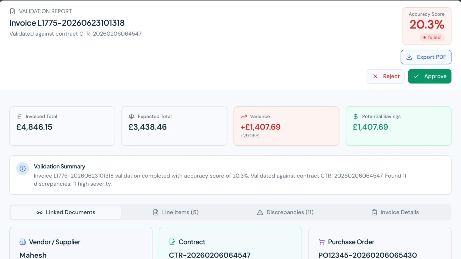 PayRight validation report for an invoice, with accuracy score, invoiced and expected totals, variance, potential savings and linked contract and purchase order