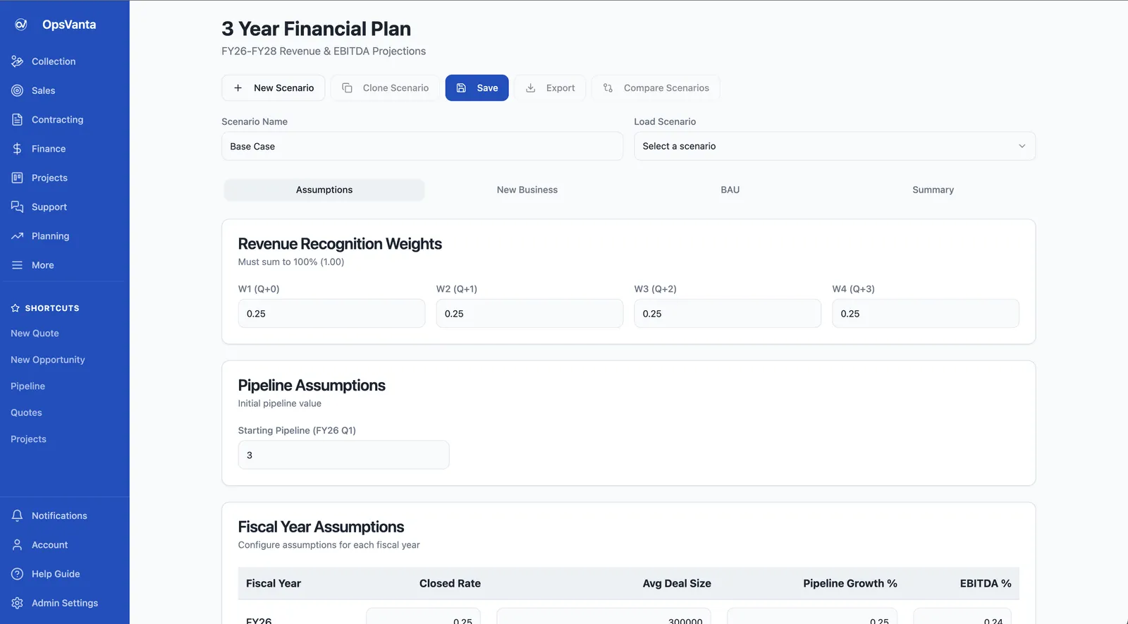 Three-year financial plan for FY26 to FY28 with scenario controls, revenue recognition weights, pipeline assumptions and fiscal year assumptions