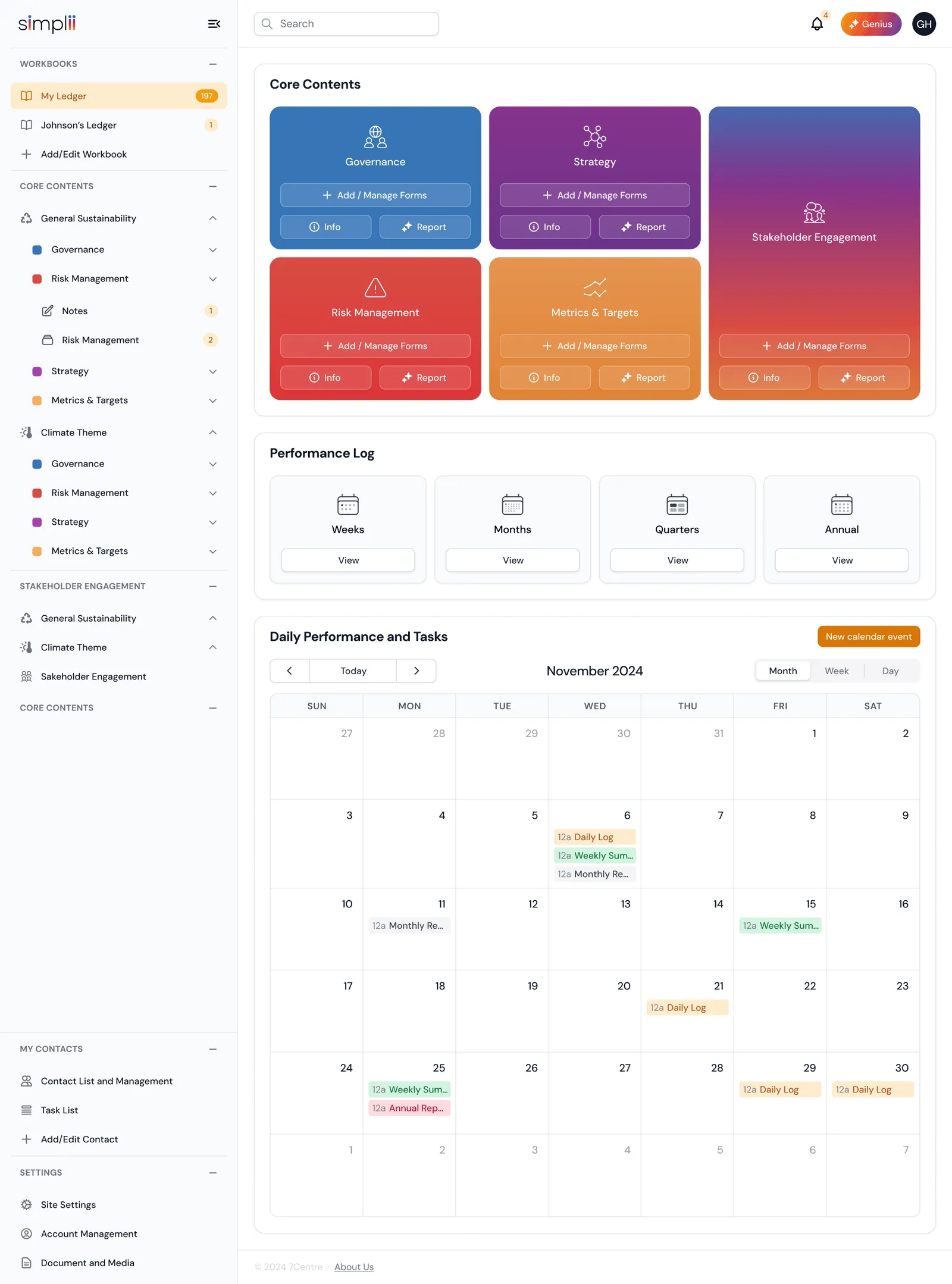 Tenant workspace: sidebar with workbooks and core contents, colour-coded IFRS pillar cards, performance log by weeks, months, quarters and annual, and a monthly calendar of daily logs and reports